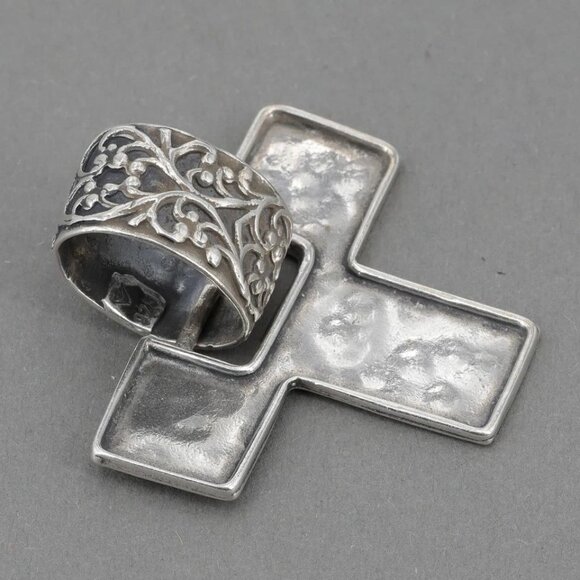 Retired Silpada S1514 Hammered Sterling Silver Cross Pendant Scroll Vine Design - Picture 3 of 6
